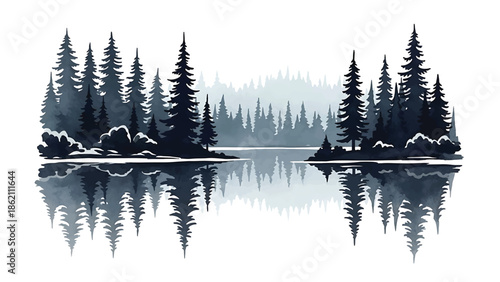 Modern vector watercolor-style forest wallpaper with pine trees reflected in calm lake, peaceful nature scenery background for wallpaper and interior decoration