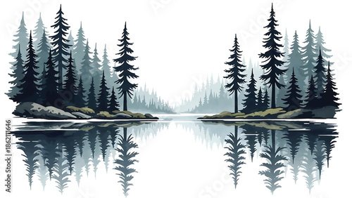 Modern vector watercolor-style forest wallpaper with pine trees reflected in calm lake, peaceful nature scenery background for wallpaper and interior decoration