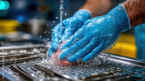 Gloved hands washing a piece of raw meat over a stainless steel tray under running water