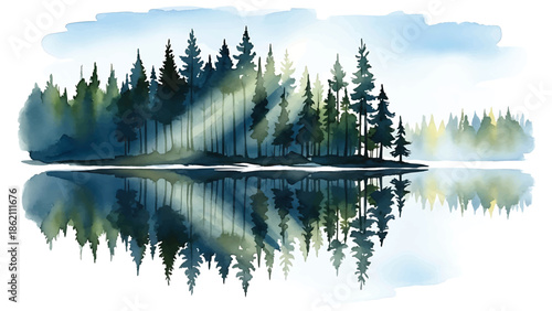 Modern vector watercolor-style forest wallpaper with pine trees reflected in calm lake, peaceful nature scenery background for wallpaper and interior decoration