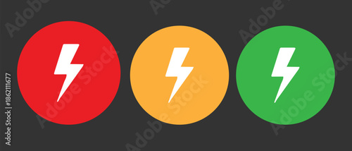 Set of three colorful lightning bolt icons isolated on transparent background