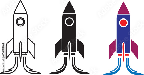 Three Rockets Illustration in Black and Colorful Designs on Transparent Background