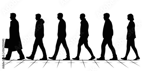 Profile Silhouettes of Diverse People Walking in a Sequence or Queue for Urban and Social Movement