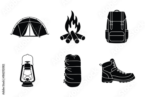 Outdoor camping and hiking gear icons for adventure travelers