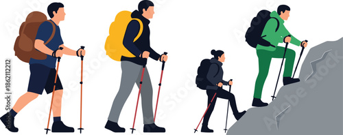 Hiking adventure illustration with backpackers climbing mountain trail, outdoor trekking teamwork, nature exploration, travel lifestyle and endurance concept