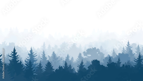 Modern vector watercolor-style nature wallpaper inspired by misty forest with layered tree shapes and open space, calming woodland background for decor and branding