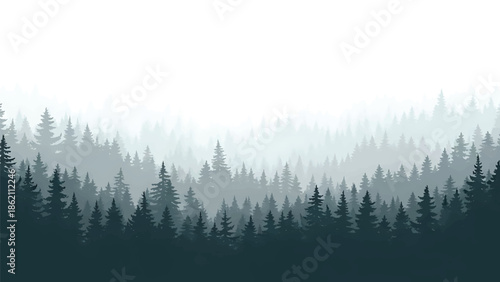 Modern vector watercolor-style nature wallpaper inspired by misty forest with layered tree shapes and open space, calming woodland background for decor and branding
