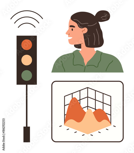 Woman looks at 3D graph data. Traffic light with wireless signal shows connectivity. Ideal for technology, planning, communication, analytics, traffic management, innovation organization. Simple