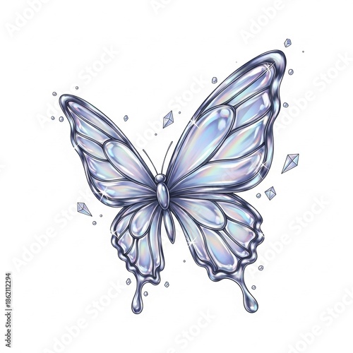 An ethereal holographic butterfly with shimmering wings and crystalline accents floating gracefully.