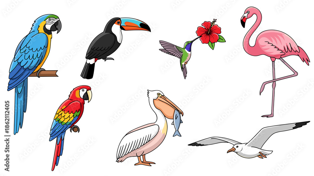 Obraz premium Vibrant Birds and Pink Flamingo with Rose Illustration