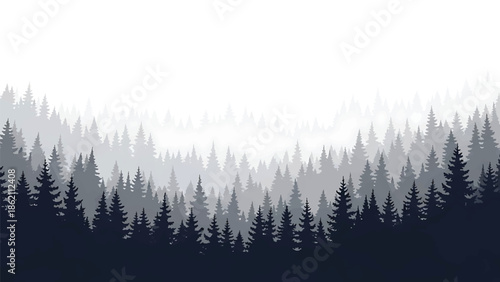 Modern vector watercolor-style nature wallpaper inspired by misty forest with layered tree shapes and open space, calming woodland background for decor and branding