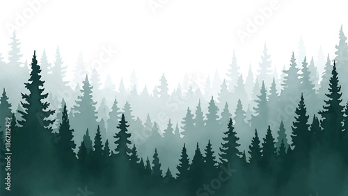 Modern vector watercolor-style nature wallpaper inspired by misty forest with layered tree shapes and open space, calming woodland background for decor and branding