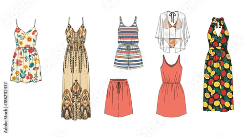 Colorful Dresses and Skirts in Floral and Striped Patterns