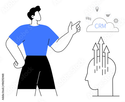 CRM concept. CRM with cloud and icons for tools and collaboration. CRM systems boost business efficiency and strategy. For business, technology, analytics, marketing, decision-making