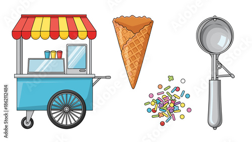 Colorful Ice Cream Cart with Scoop and Waffle Cone