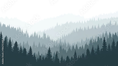 Modern vector watercolor-style nature wallpaper inspired by misty forest with layered tree shapes and open space, calming woodland background for decor and branding