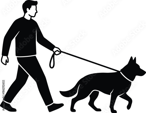 Man walking dog on leash silhouette illustration, pet owner outdoor activity simple black white icon isolated background vector design graphic