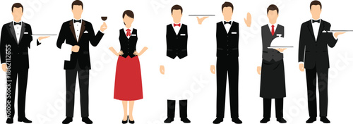 Professional waiter and waitress uniform set illustration, restaurant staff service characters, hospitality industry flat vector design collection
