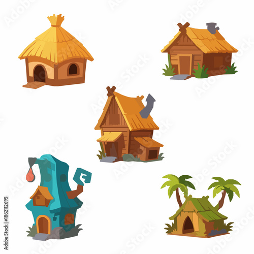 Cartoon hut icons and village buildings flat vector game assets