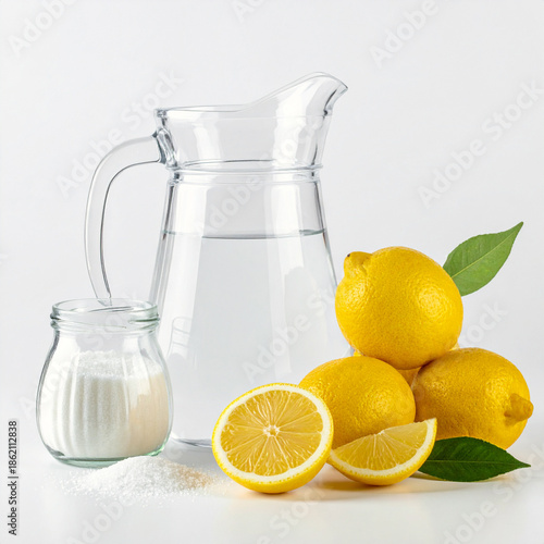 The three ingredients needed to make lemonade.  Lemons sugar and water