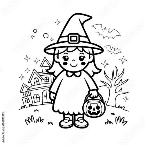 helloween cute girl character Coloring Page