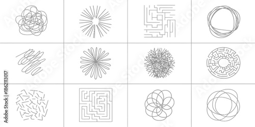 Abstract collection of scribbles, tangles, and geometric mazes, concept of confusion and creative problem solving in line art