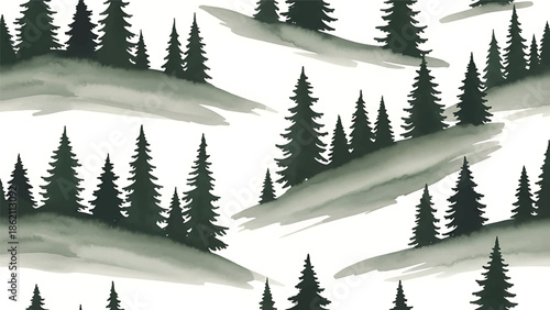 Modern vector watercolor-style seamless forest pattern with conifer trees and gentle slopes, clean minimal woodland nature background for interior and surface design