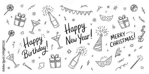 Hand-drawn party doodle collection with celebratory text for birthday, new year, and christmas greeting card designs