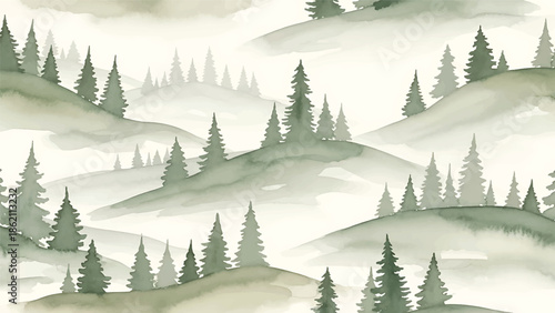 Modern vector watercolor-style seamless forest pattern with conifer trees and gentle slopes, clean minimal woodland nature background for interior and surface design