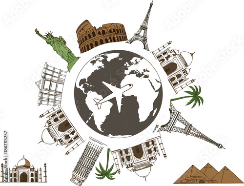 World, travel, landmarks, illustration, globe, airplane, tourism, vacation, international, destination, famous, monuments, culture, adventure, global, journey, travel, concept, design, background