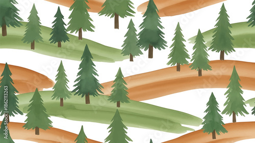 Modern vector watercolor-style seamless forest pattern with conifer trees and gentle slopes, clean minimal woodland nature background for interior and surface design