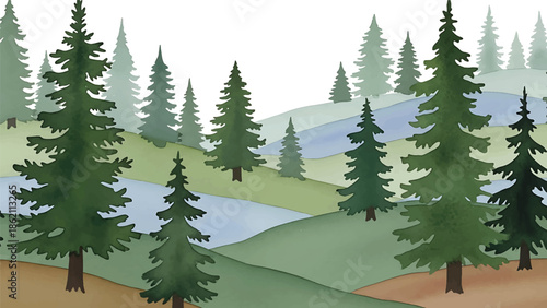 Modern vector watercolor-style seamless forest pattern with conifer trees and gentle slopes, clean minimal woodland nature background for interior and surface design
