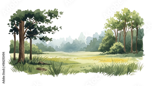Modern vector watercolor-style nature wallpaper featuring forest clearing with grass and wild plants, open peaceful woodland background for wall decor and surfaces