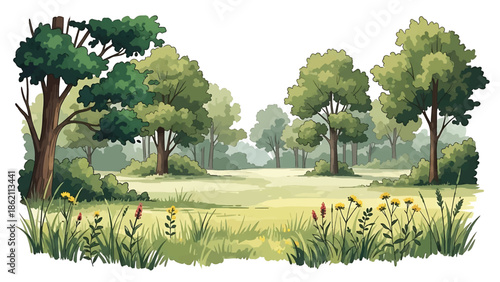 Modern vector watercolor-style nature wallpaper featuring forest clearing with grass and wild plants, open peaceful woodland background for wall decor and surfaces