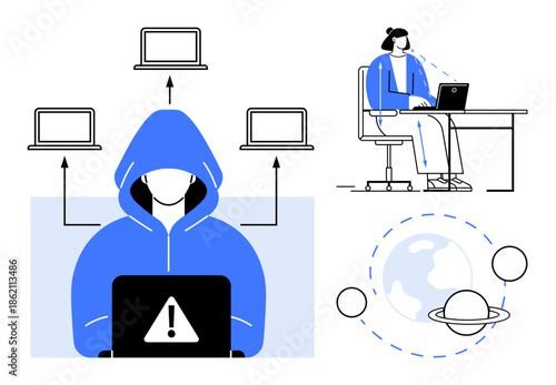 Cybersecurity concept. Cybersecurity threats by hacker accessing data, remote work connectivity risks, and digital environments. Cybersecurity ensures data protection, privacy, and secure
