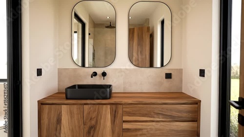 Modern bathroom interior featuring wood elements and mirrors