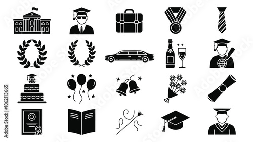 Graduation symbols and celebratory elements in a black and white icon set