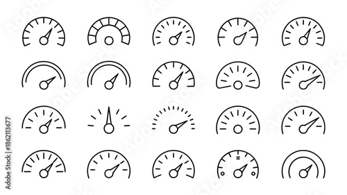 Collection of various speedometers and gauges in simple line art style
