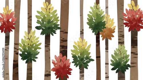 Modern vector watercolor-style forest wallpaper with stylized tree trunks and leaf clusters, artistic botanical nature background for modern interior design projects