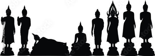 Buddha statue silhouettes in different poses, Buddhist art and spirituality figures isolated on white background illustration concept