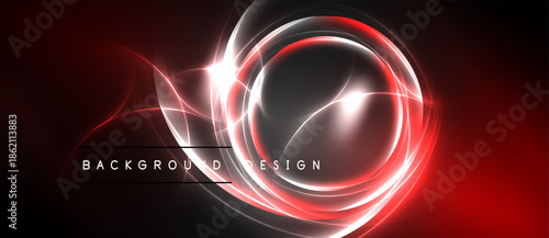 Abstract red, white glowing circles over black background. Modern design element, dynamic energy flow, sleek presentation.