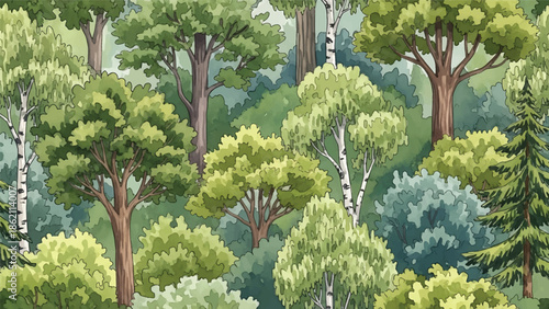 Modern vector watercolor-style seamless forest and nature wallpaper with diverse tree species and layered foliage, rich botanical landscape background for decor and textiles