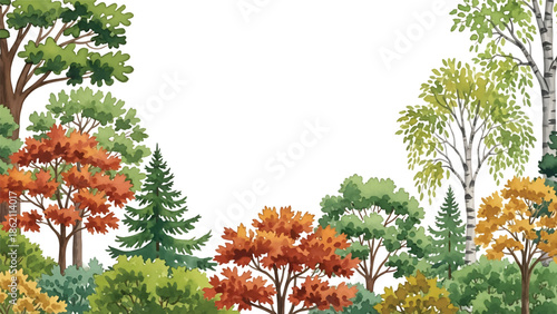 Modern vector watercolor-style seamless forest and nature wallpaper with diverse tree species and layered foliage, rich botanical landscape background for decor and textiles