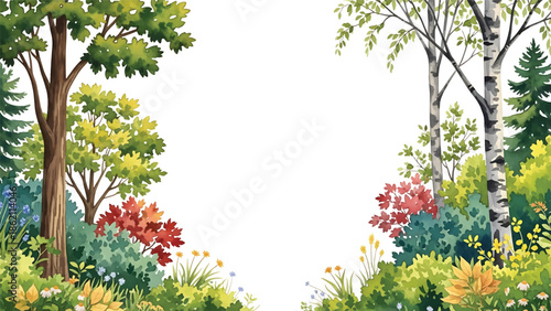 Modern vector watercolor-style seamless forest and nature wallpaper with diverse tree species and layered foliage, rich botanical landscape background for decor and textiles