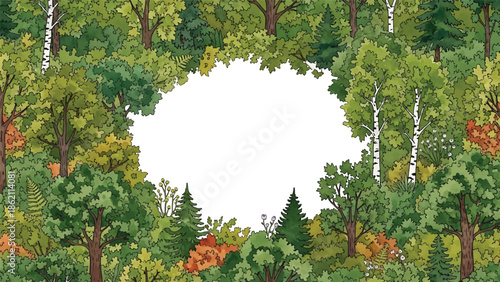 Modern vector watercolor-style seamless forest and nature wallpaper with diverse tree species and layered foliage, rich botanical landscape background for decor and textiles