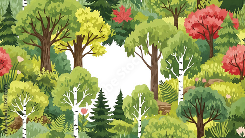 Modern vector watercolor-style seamless forest and nature wallpaper with diverse tree species and layered foliage, rich botanical landscape background for decor and textiles