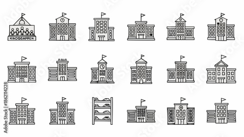 Collection of stylized building illustrations representing educational institutions or government buildings.
