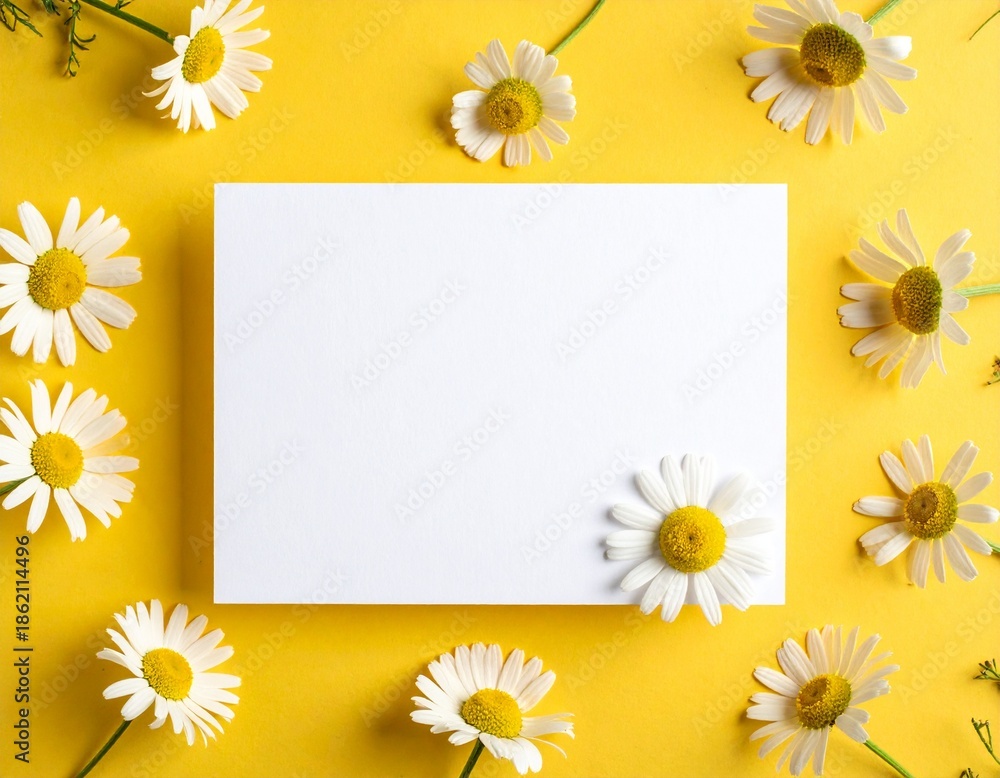 Obraz premium White paper card surrounded by chamomile flowers on yellow background. Template for greeting card, wedding invitation, spa or organic product design.