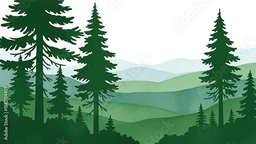 Modern vector watercolor-style forest wallpaper with large pine trees and distant hills, spacious nature background with copy space for interior and branding use
