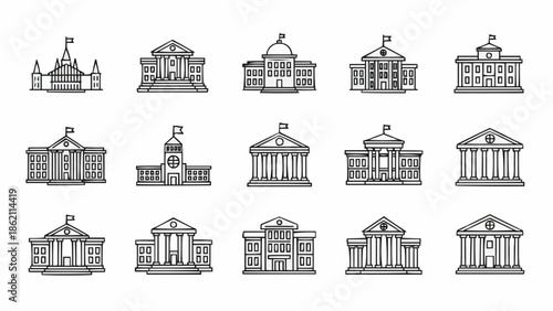 Collection of Government Building Illustrations in Black and White.